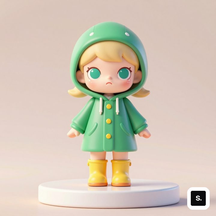 穿墨绿色雨衣的盲盒小女孩，站在圆形展台上