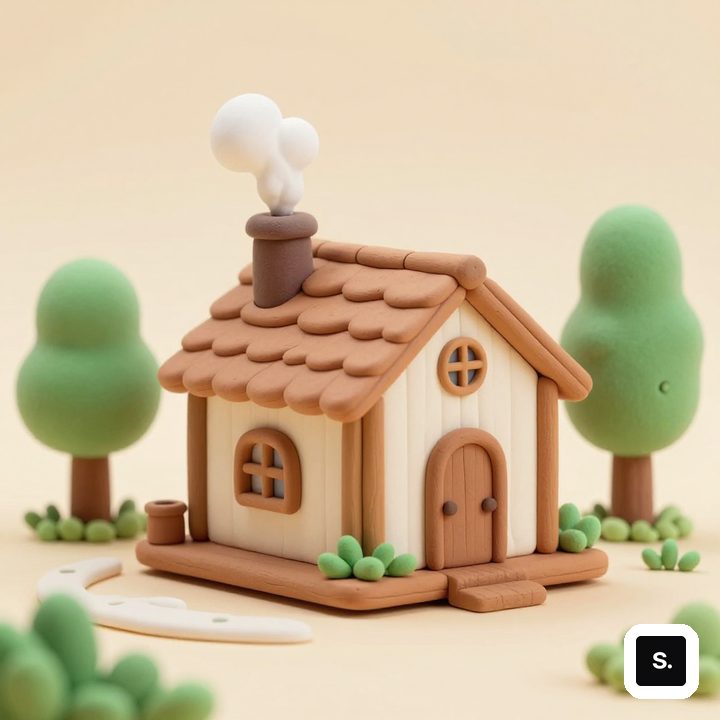 黏土风小木屋，烟囱冒着烟，周围是圆圆的小树
