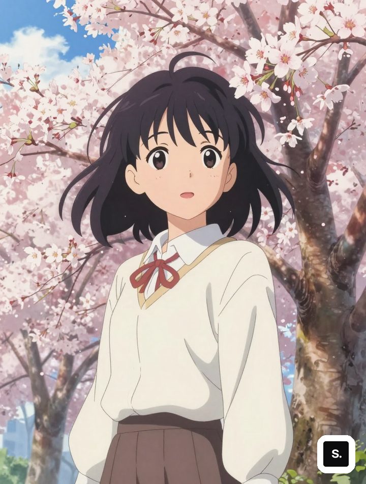 樱花树下的少女，蓝天白云，赛璐璐上色