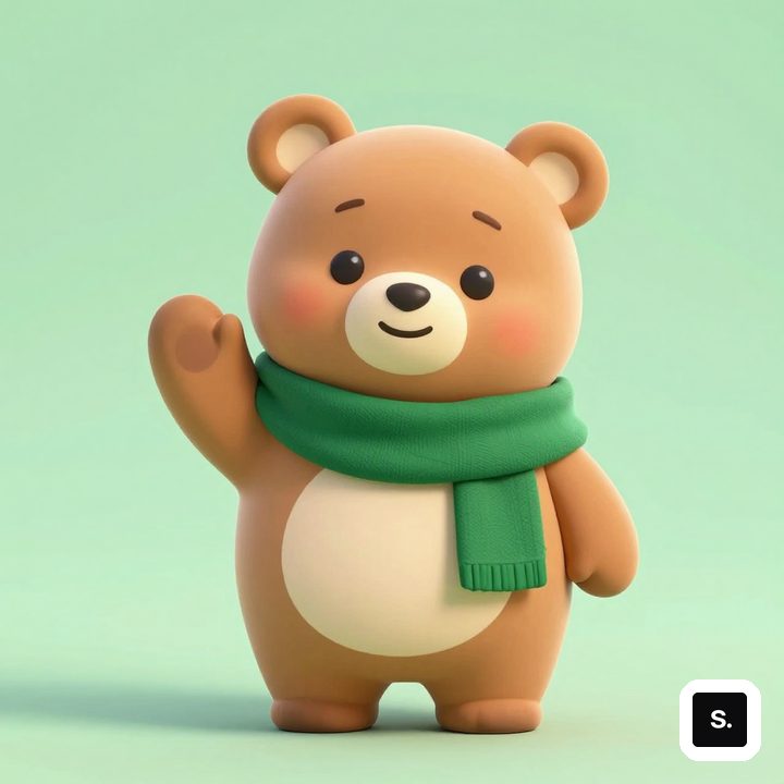 戴墨绿围巾挥手的 3D 小熊吉祥物