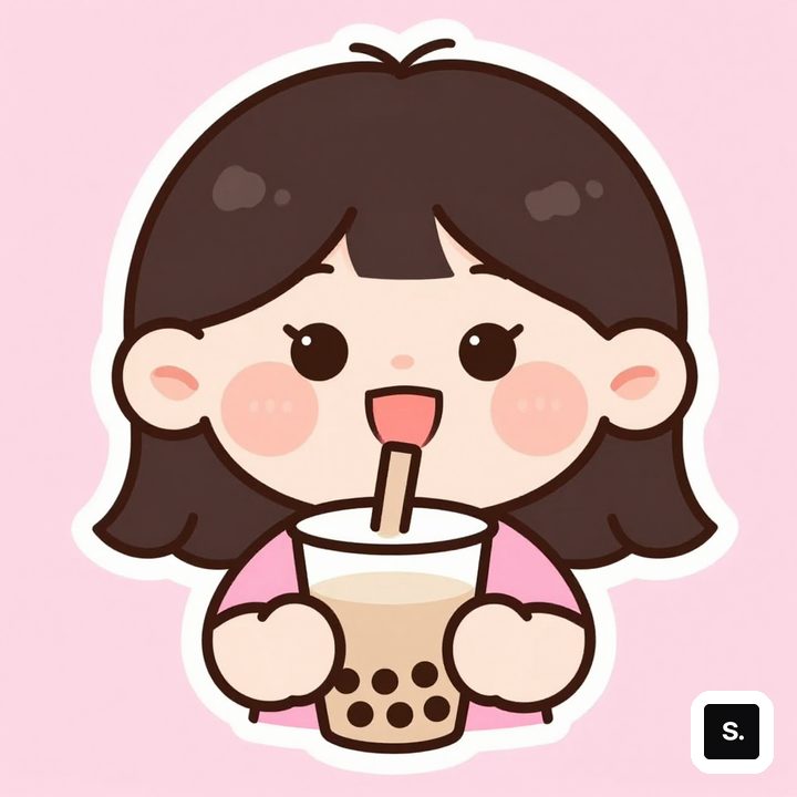 Q 版小女孩抱着珍珠奶茶，粉色背景贴纸风