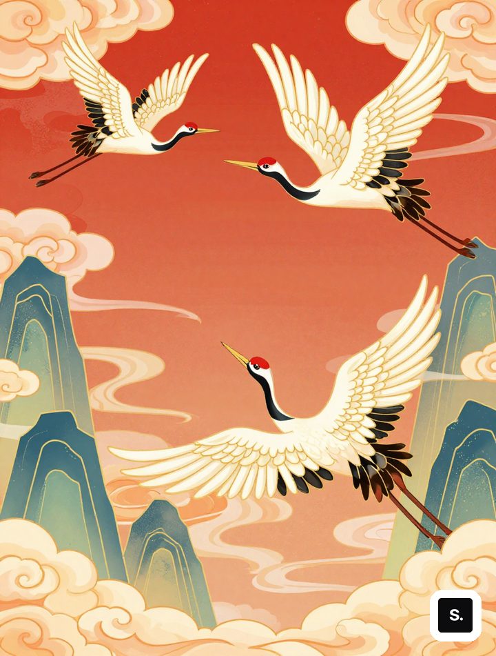 仙鹤与祥云，红金配色，东方美学扁平插画