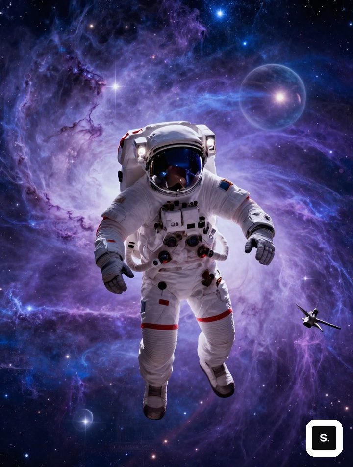 宇航员漂浮在紫色星云中，电影海报质感