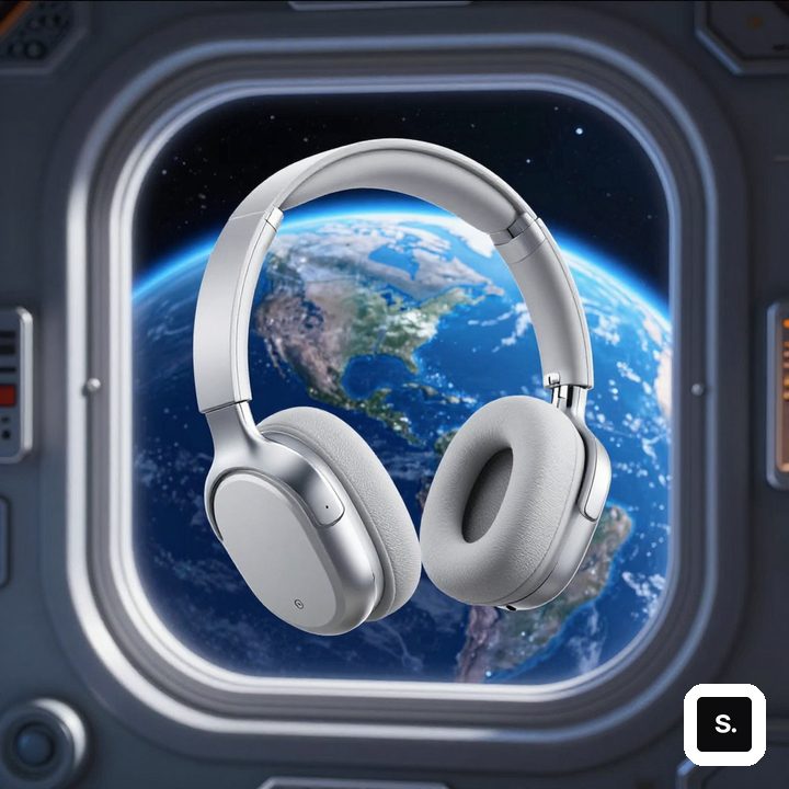 银白耳机悬浮在太空站舷窗前，窗外是地球