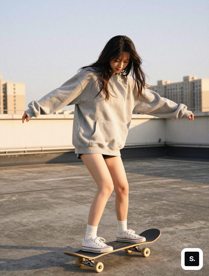 穿宽松卫衣的女孩在天台玩滑板，傍晚阳光，胶片质感
